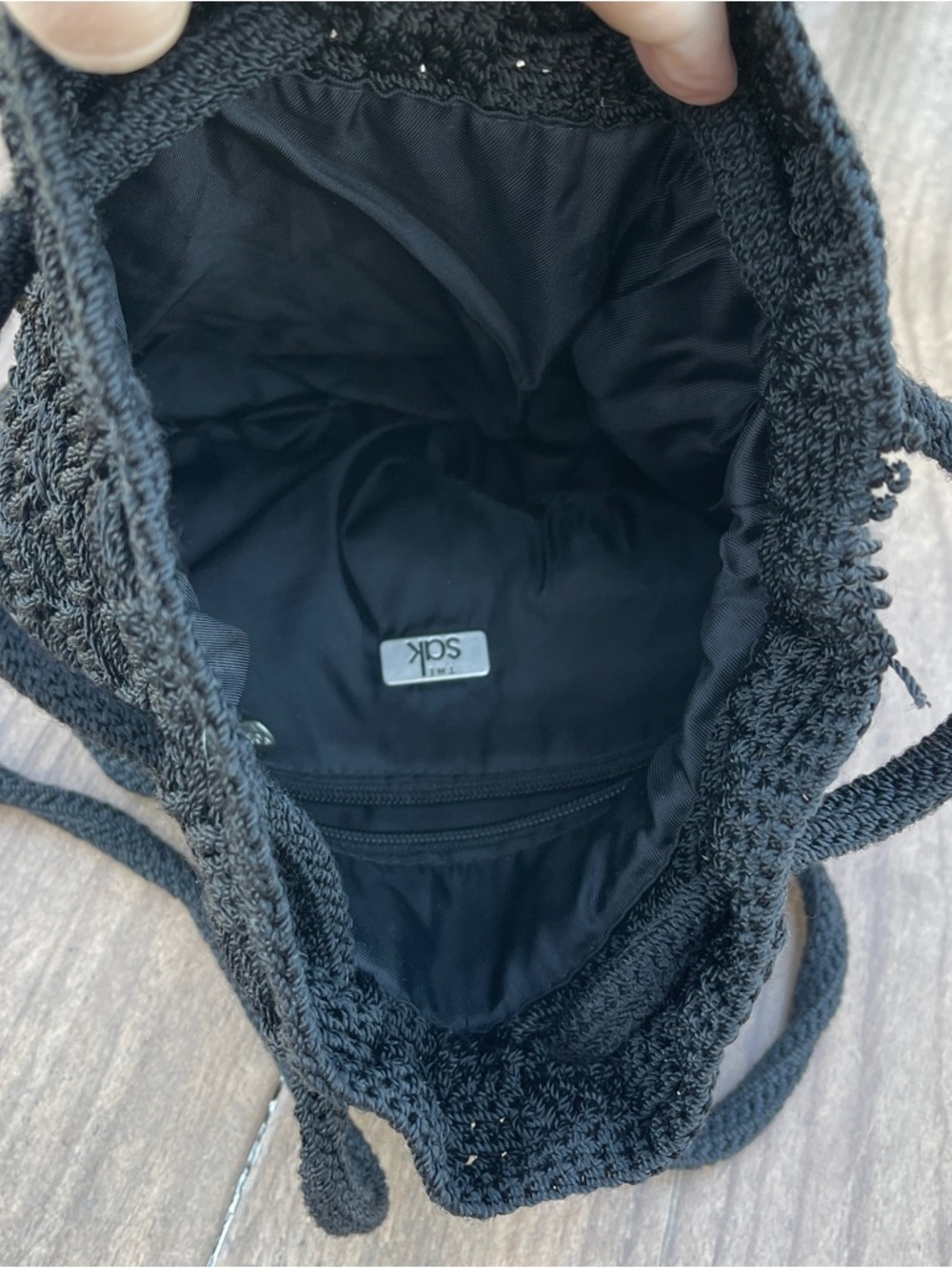 THE SAK Black Crochet Bucket Bag Backpack Drawstring Tote Purse Boho Hippie - Picture 5 of 6